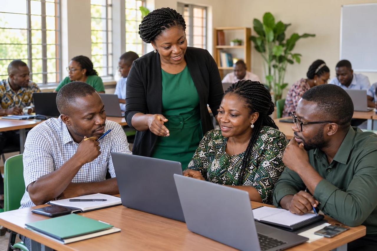 Educators developing digital skills in a computer room