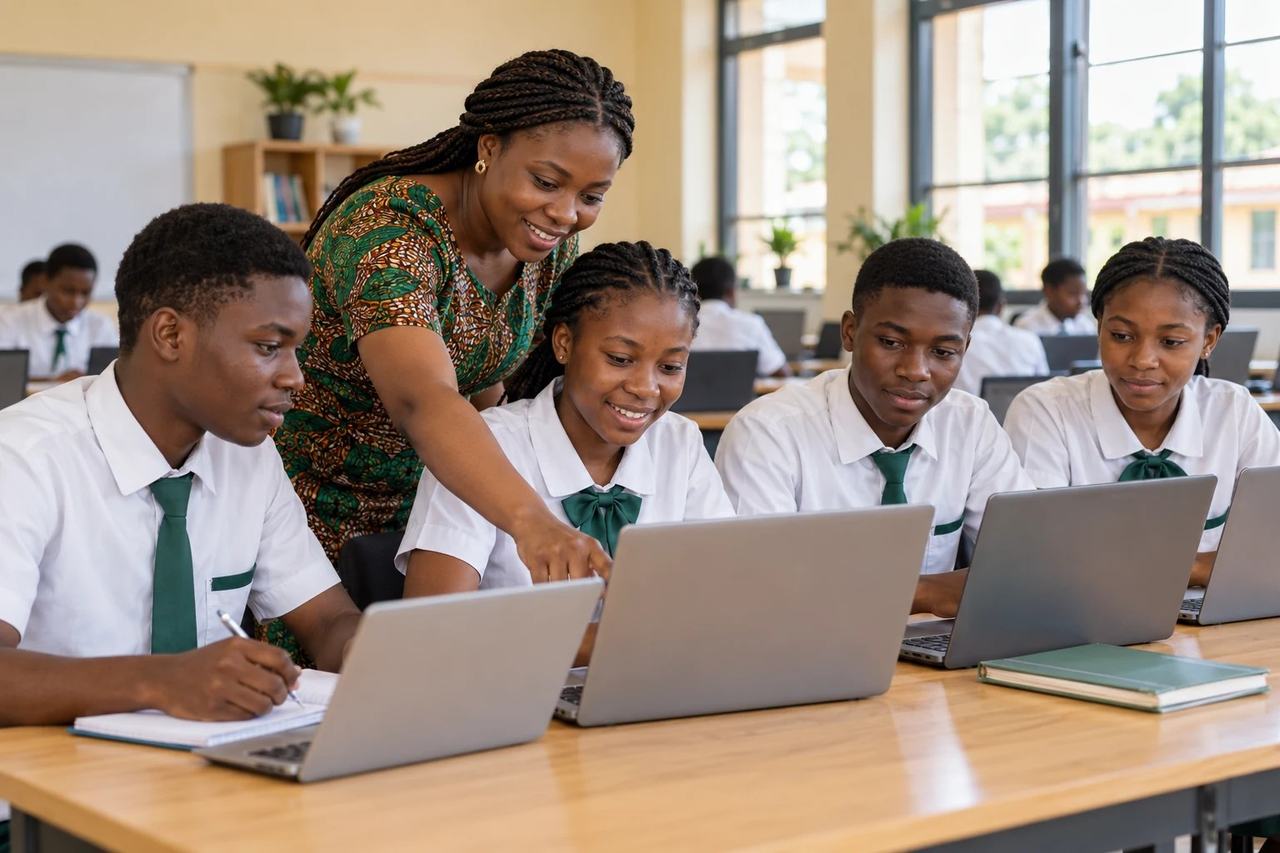 A teacher supporting learners using laptops